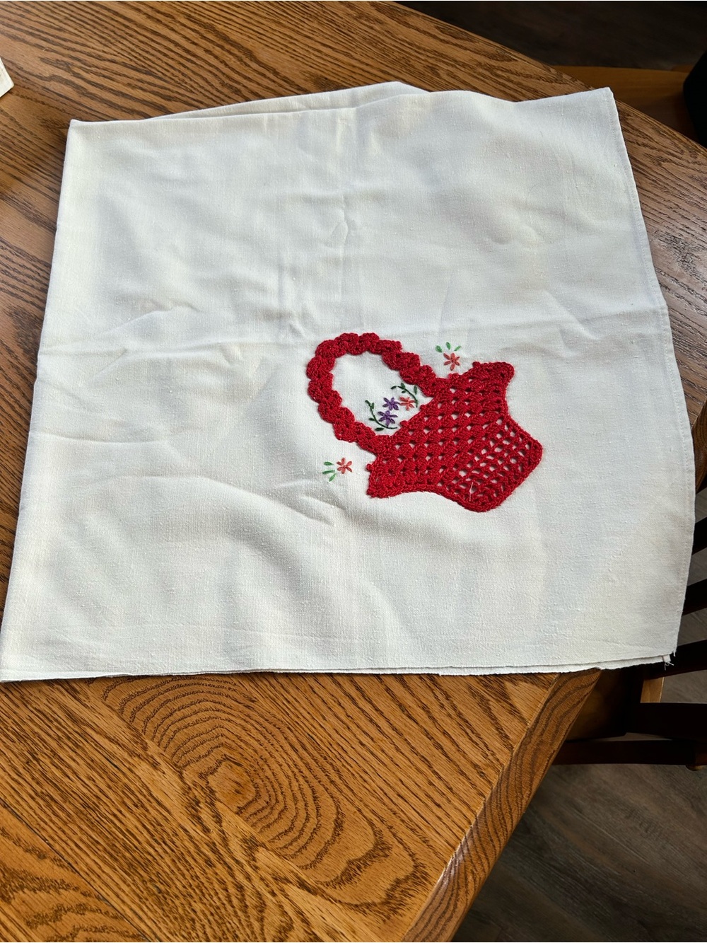 Vintage White Linen Square table topper  with Red Crocheted Basket Applique